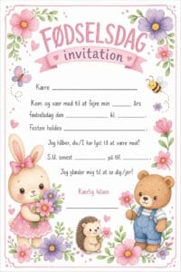 skabelon af Fødselsdags invitiation til børn – Kawaii watercolor childrens book illustration med blomster tema