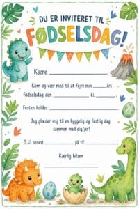 skabelon af Fødselsdags invitiation til børn – Kawaii watercolor childrens book illustration med dinosaur tema