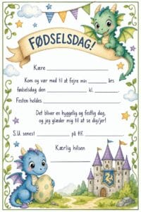 skabelon af Fødselsdags invitiation til børn – Kawaii watercolor childrens book illustration med drage tema