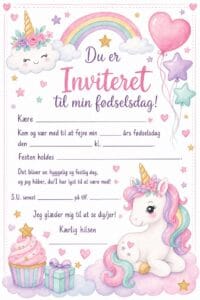 skabelon af Fødselsdags invitiation til børn – Kawaii watercolor childrens book illustration med enhjørninge tema