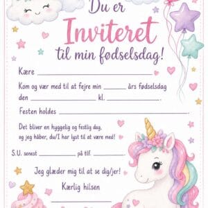 skabelon af Fødselsdags invitiation til børn - Kawaii watercolor childrens book illustration med enhjørninge tema
