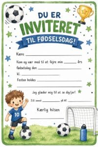 skabelon af Fødselsdags invitiation til børn – Kawaii watercolor childrens book illustration med fodbold tema