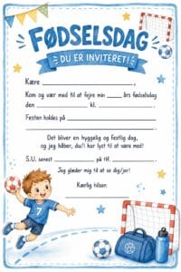 skabelon af Fødselsdags invitiation til børn – Kawaii watercolor childrens book illustration med håndbold tema