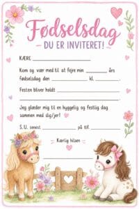 skabelon af Fødselsdags invitiation til børn – Kawaii watercolor childrens book illustration med heste tema