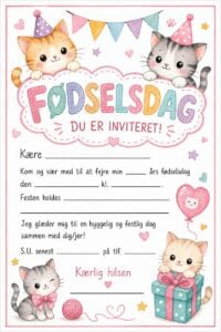 skabelon af Fødselsdags invitiation til børn – Kawaii watercolor childrens book illustration med katte tema
