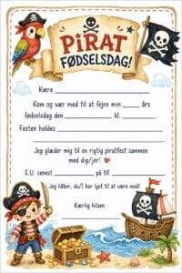 skabelon af Fødselsdags invitiation til børn – Kawaii watercolor childrens book illustration med pirat tema