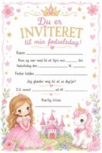 skabelon af Fødselsdags invitiation til børn – Kawaii watercolor childrens book illustration med prinsesse tema