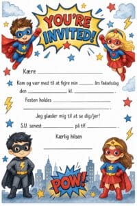 skabelon af Fødselsdags invitiation til børn – Kawaii watercolor childrens book illustration med superhelte tema
