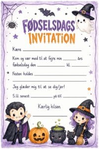 skabelon af Fødselsdags invitiation til børn – Kawaii watercolor childrens book illustration med uhyggeligt tema