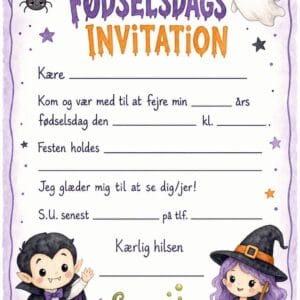 skabelon af Fødselsdags invitiation til børn - Kawaii watercolor childrens book illustration med uhyggeligt tema