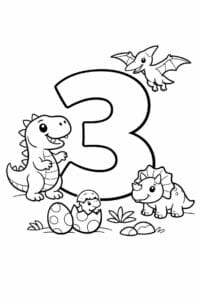 tegning af tallet 3 – Dinosaur tema