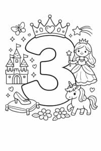 tegning af tallet 3 – Prinsesse tema