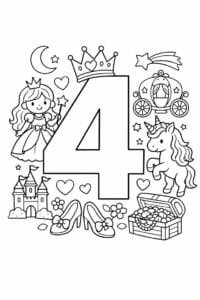 tegning af tallet 4 – Prinsesse tema