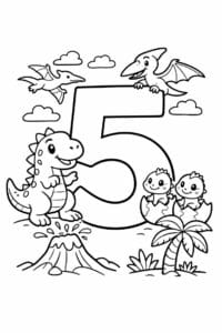 tegning af tallet 5 – Dinosaur tema
