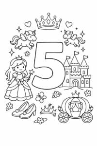 tegning af tallet 5 – Prinsesse tema