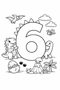 tegning af tallet 6 – Dinosaur tema