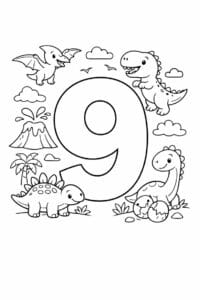 tegning af tallet 9 – Dinosaur tema