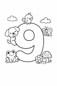 tegning af tallet 9 – Dyrevenner