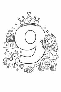 tegning af tallet 9 – Prinsesse tema